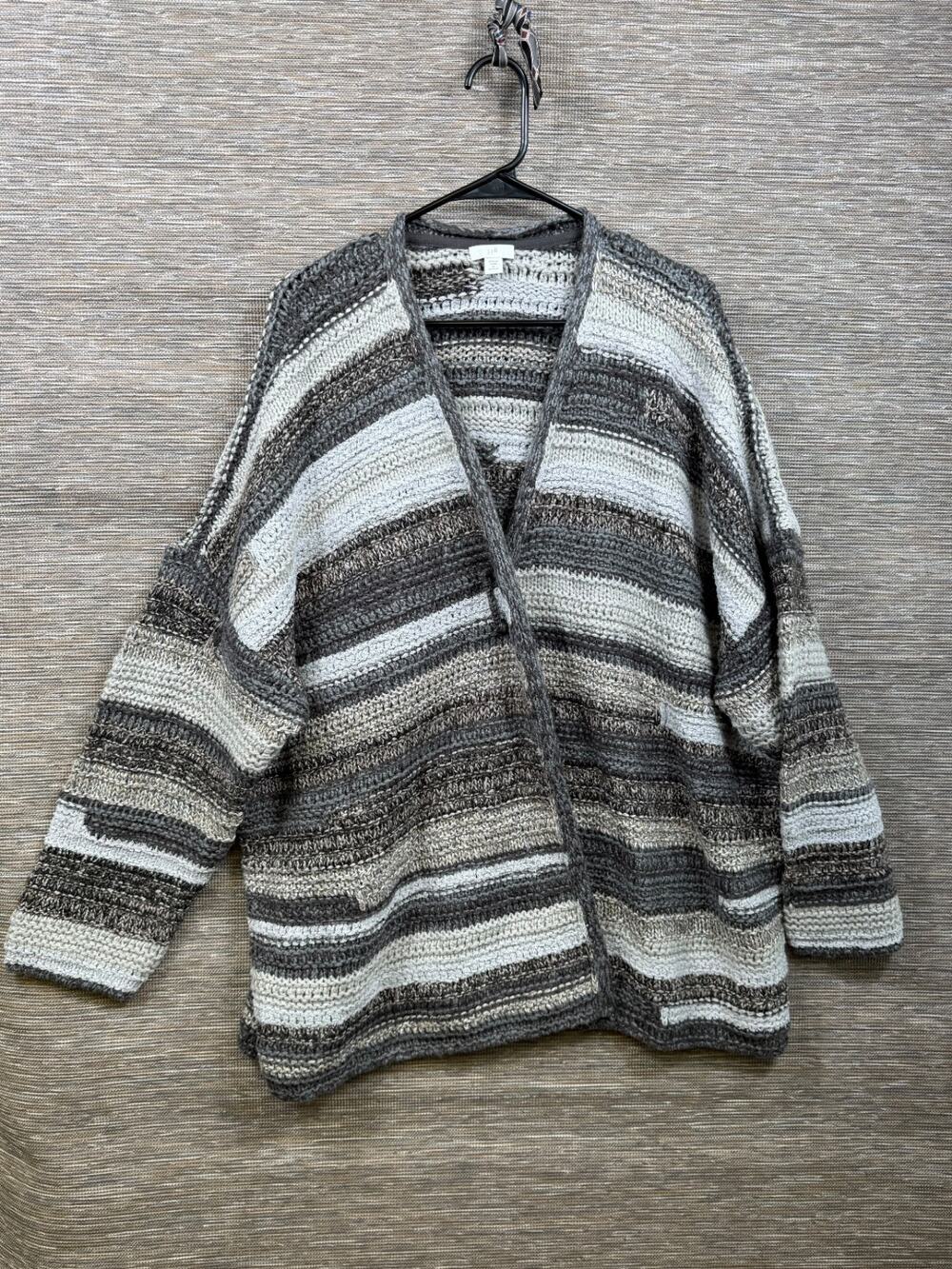 J.Jill Chunky Knit Cardigan Sweater Womens 3X Gray Striped Capsule Staple Casual